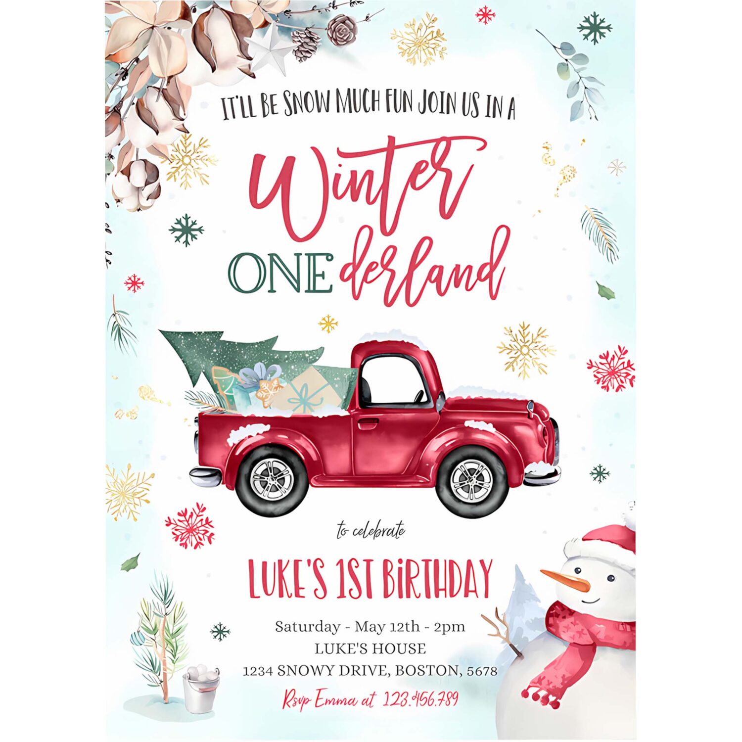 Winter onederland invitation winter truck 1st birthday invitation rustic red truck truck winter party 4