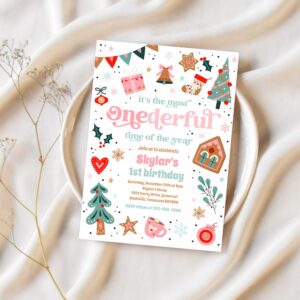 Winter onederland pink christmas birthday party invitation a25r 1