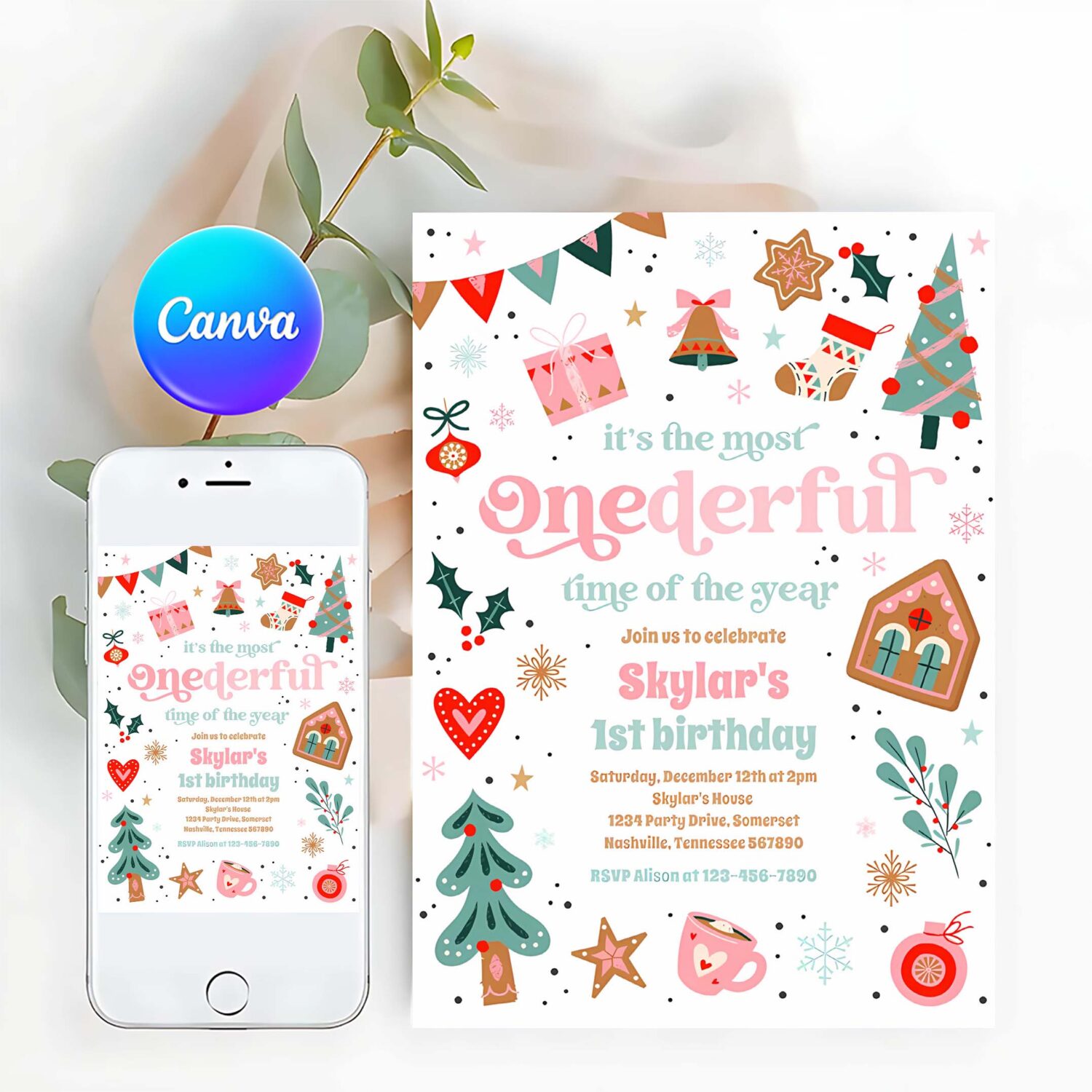 Winter onederland pink christmas birthday party invitation a25r