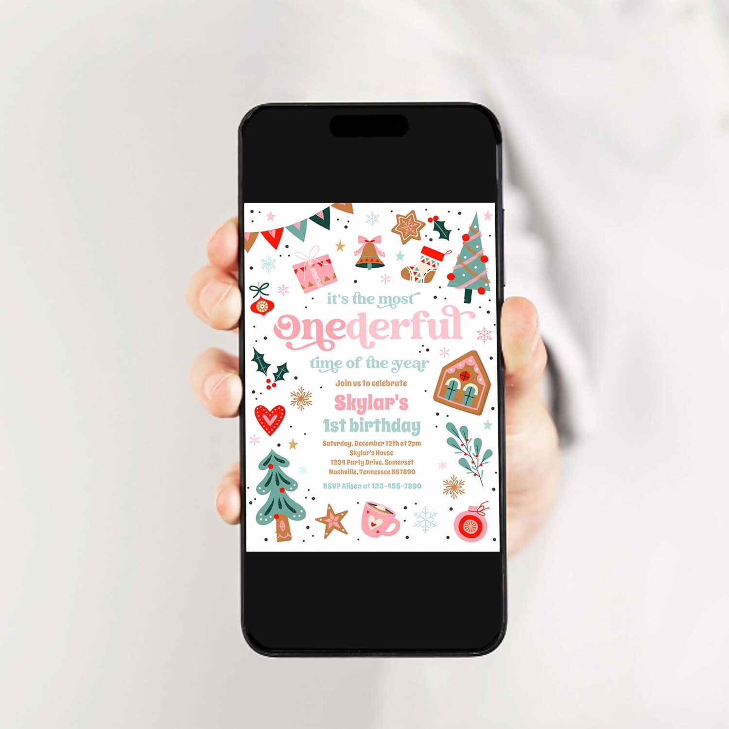 Winter onederland pink christmas birthday party invitation a25r 2