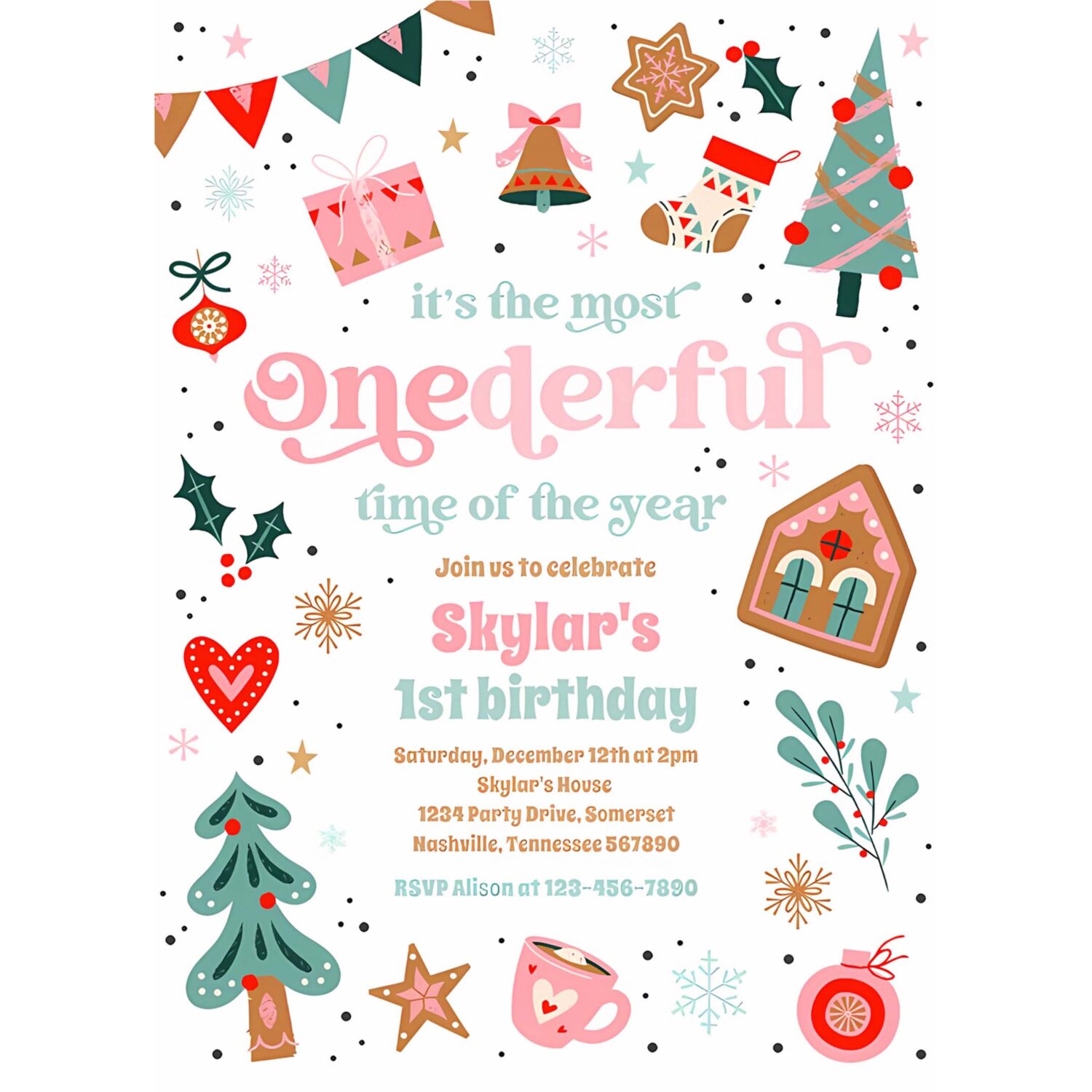 Winter onederland pink christmas birthday party invitation a25r 4