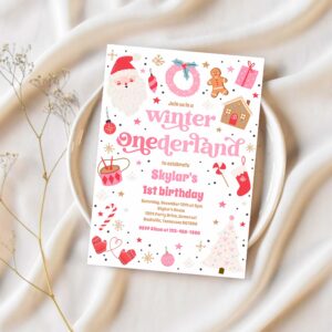 Winter onederland pink christmas birthday party invitation q93n 1