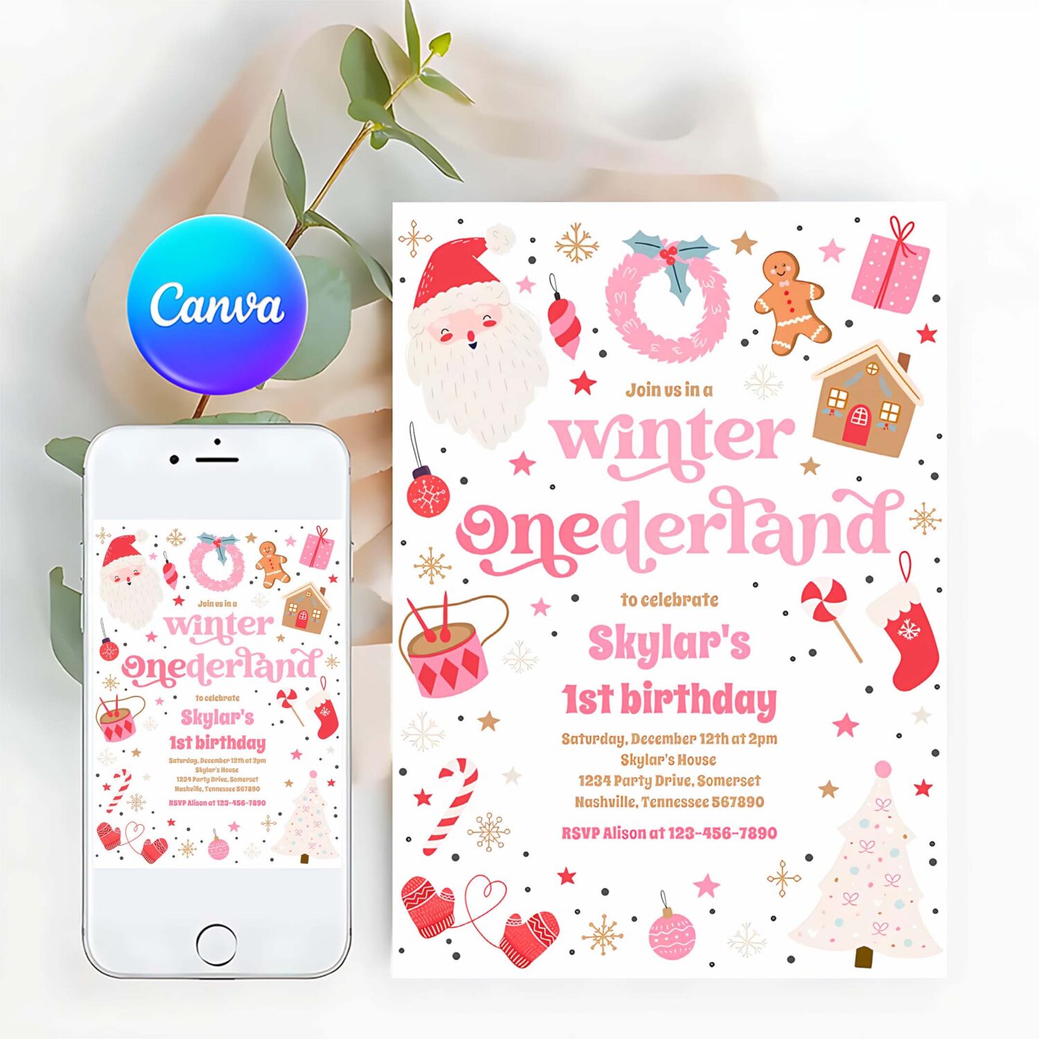 Winter onederland pink christmas birthday party invitation q93n