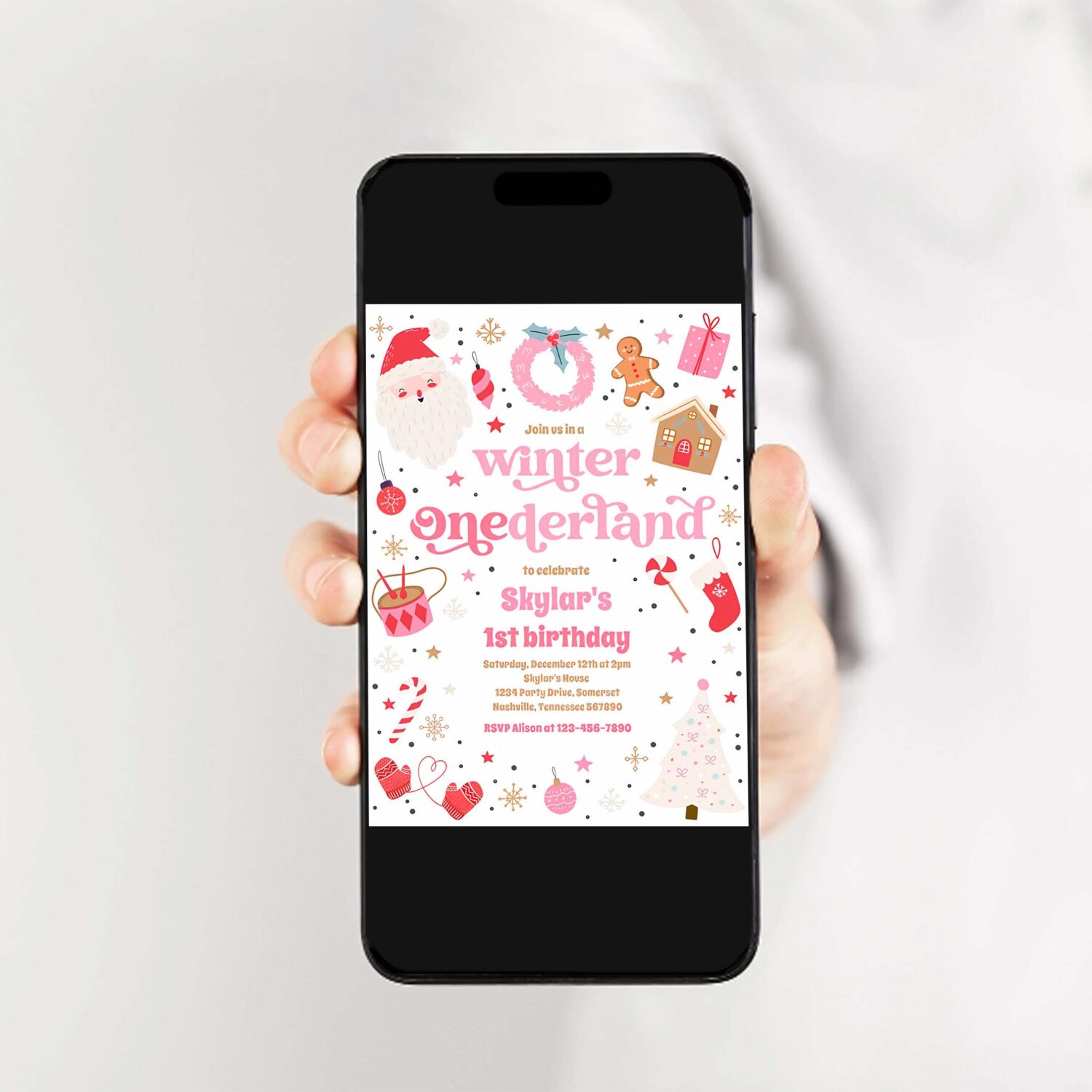 Winter onederland pink christmas birthday party invitation q93n 2