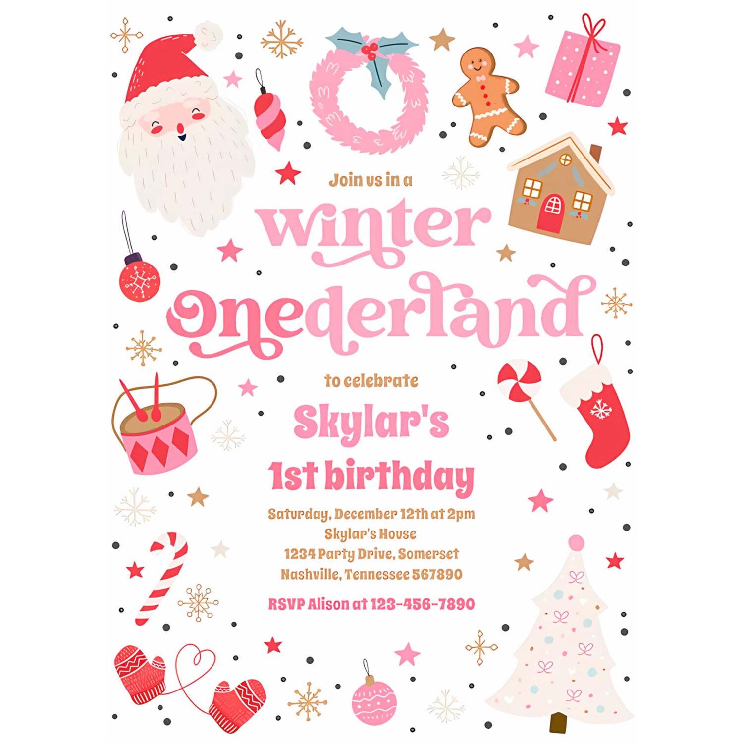 Winter onederland pink christmas birthday party invitation q93n 4