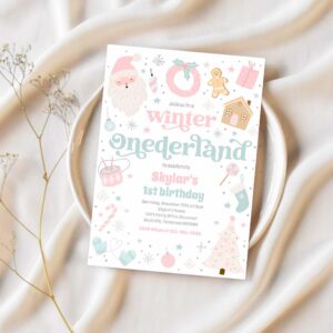 Winter onederland pink christmas birthday party invitation w60h 1