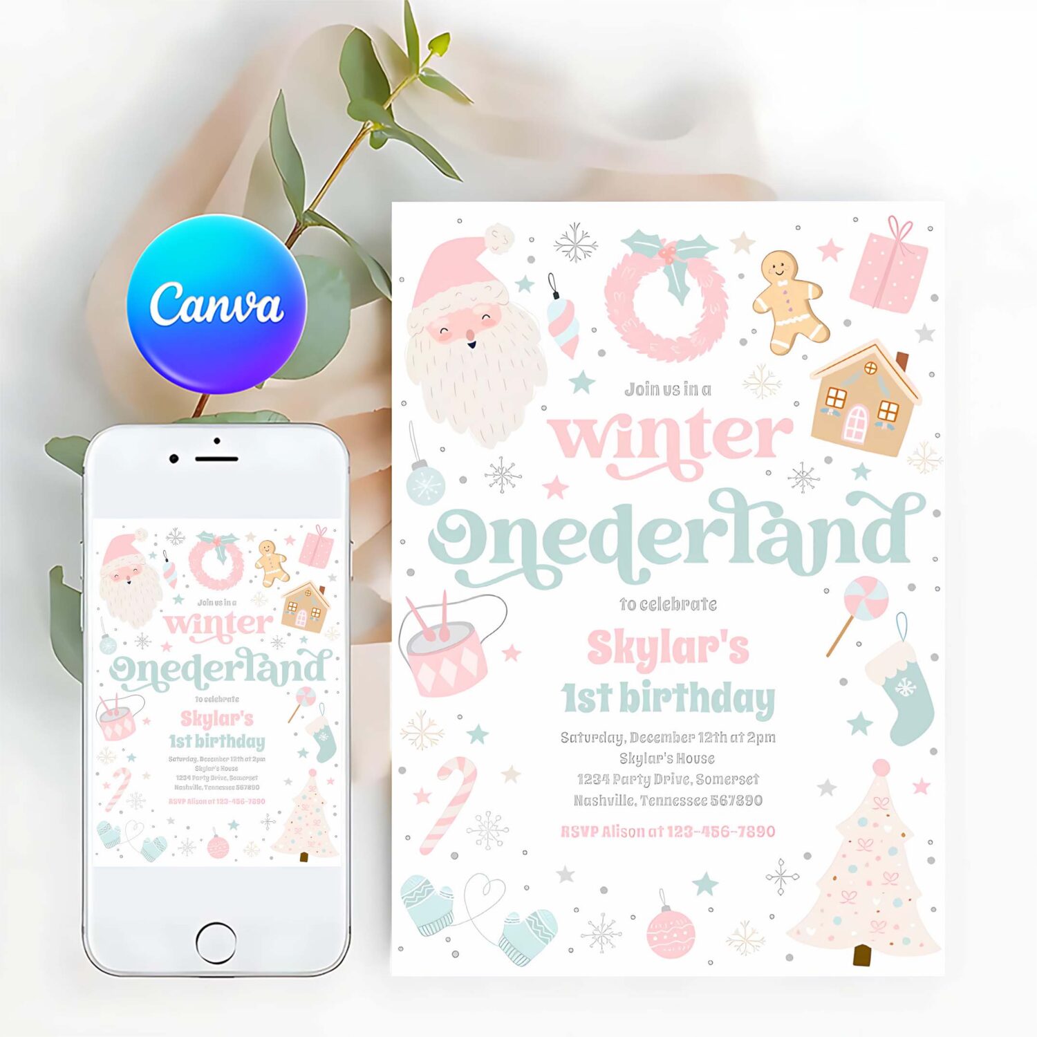 Winter onederland pink christmas birthday party invitation w60h