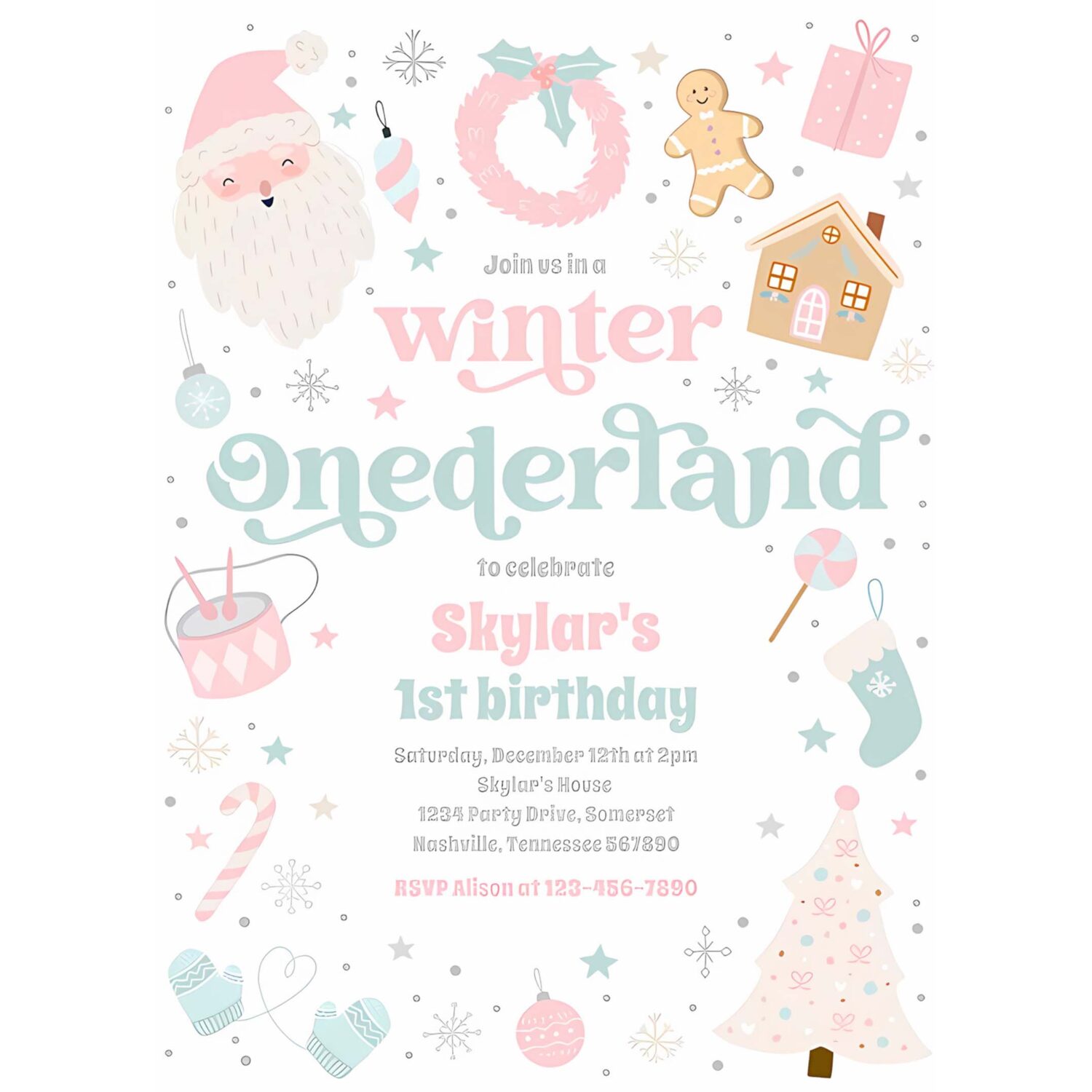 Winter onederland pink christmas birthday party invitation w60h 4