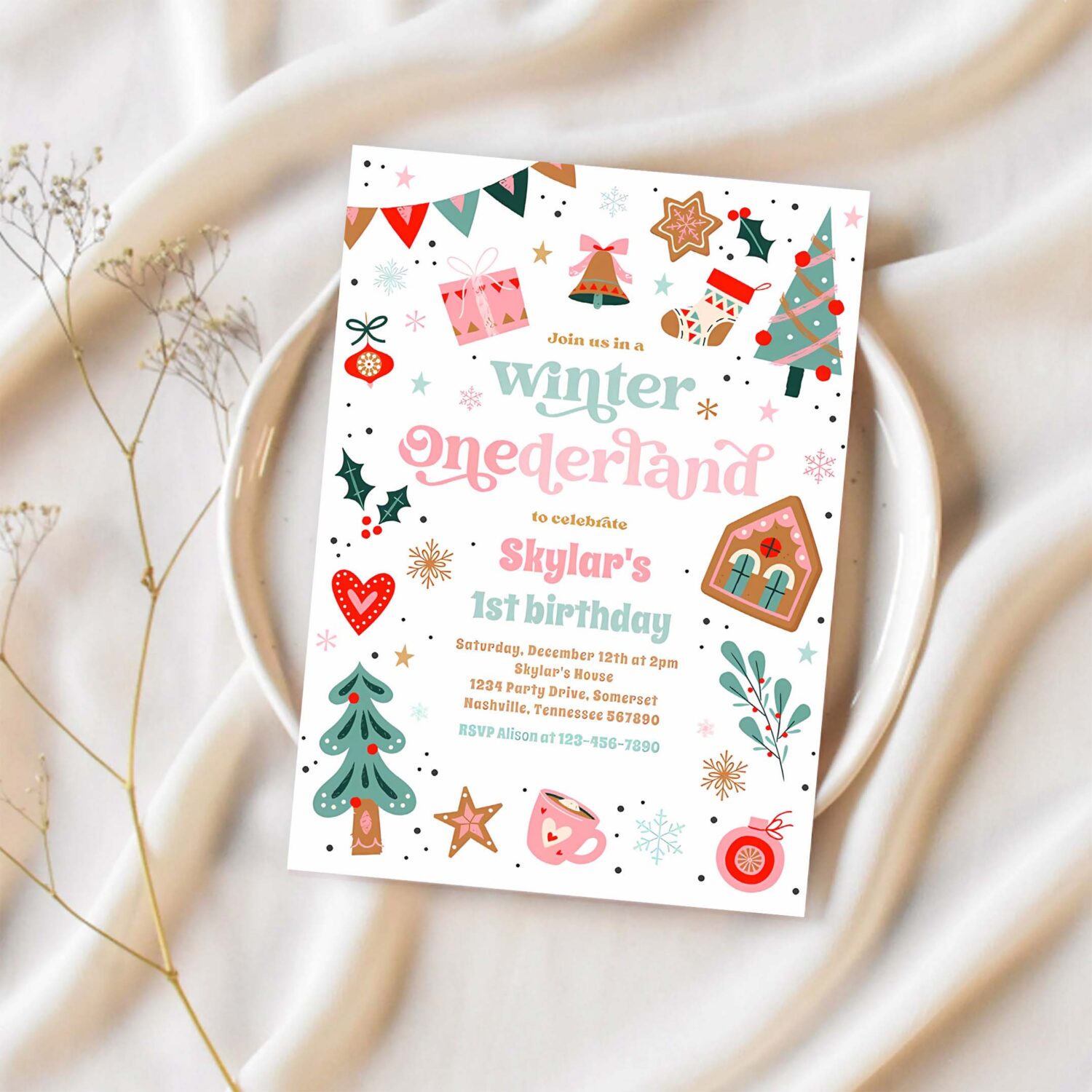 Winter onederland pink christmas birthday party invitation x72k 1