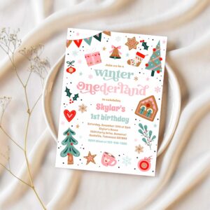 Winter onederland pink christmas birthday party invitation x72k 1