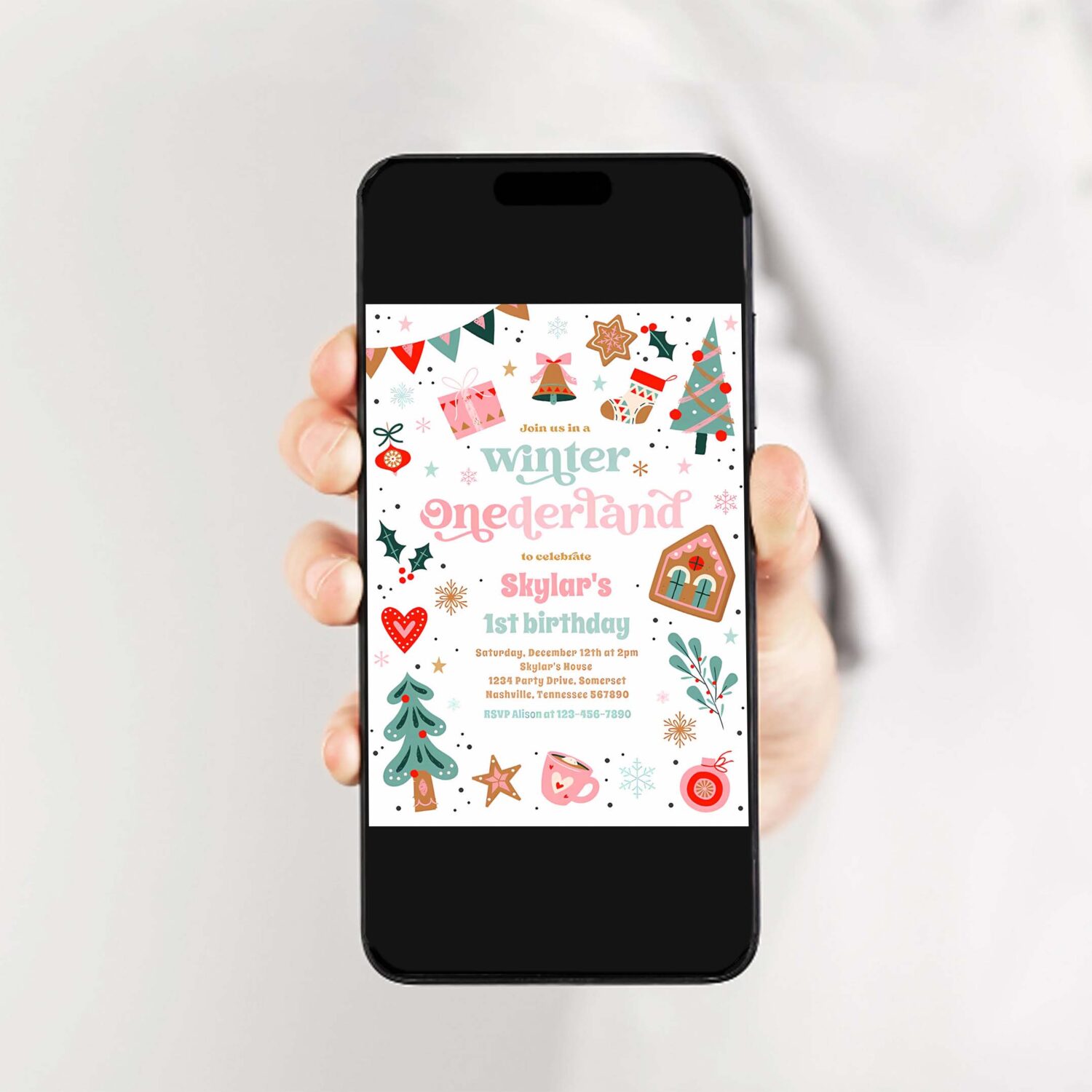 Winter onederland pink christmas birthday party invitation x72k 2