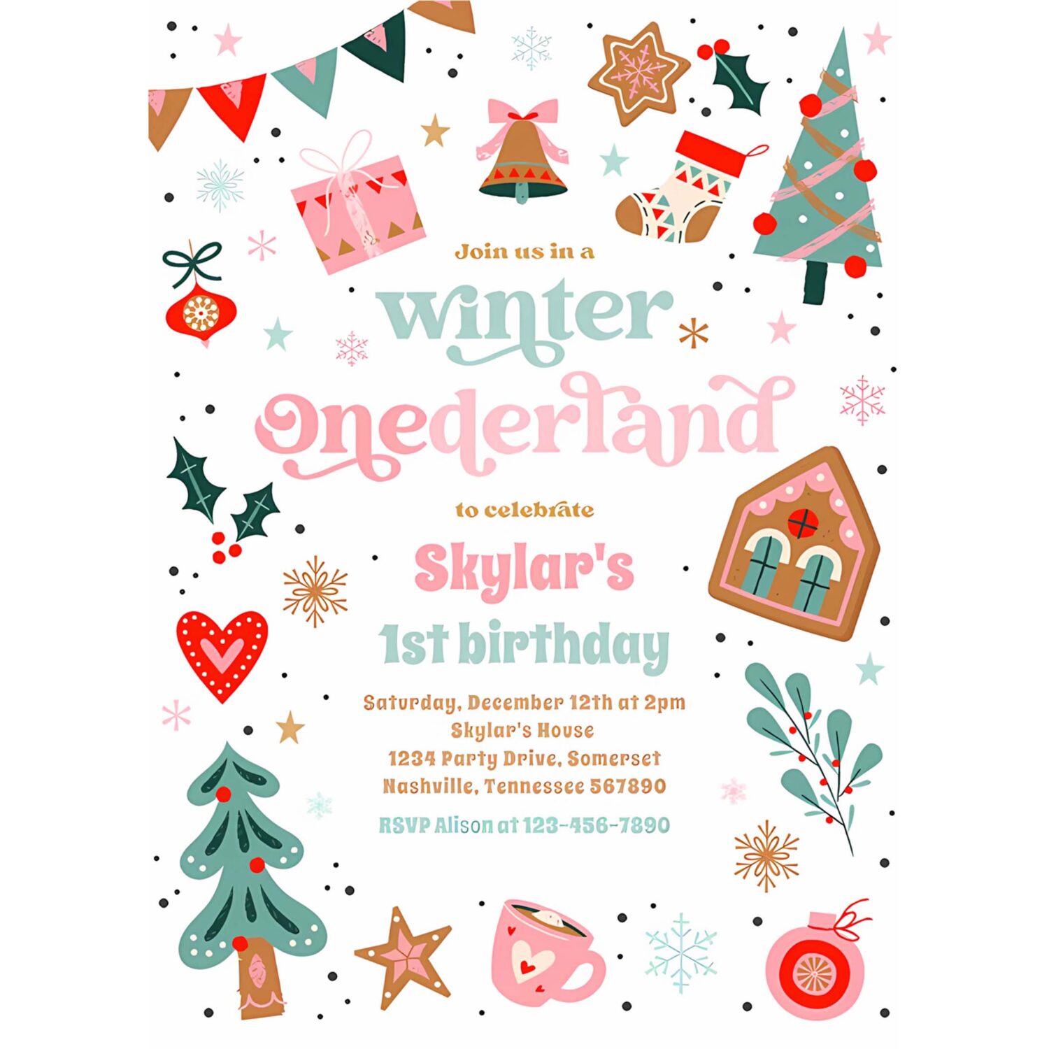 Winter onederland pink christmas birthday party invitation x72k 4