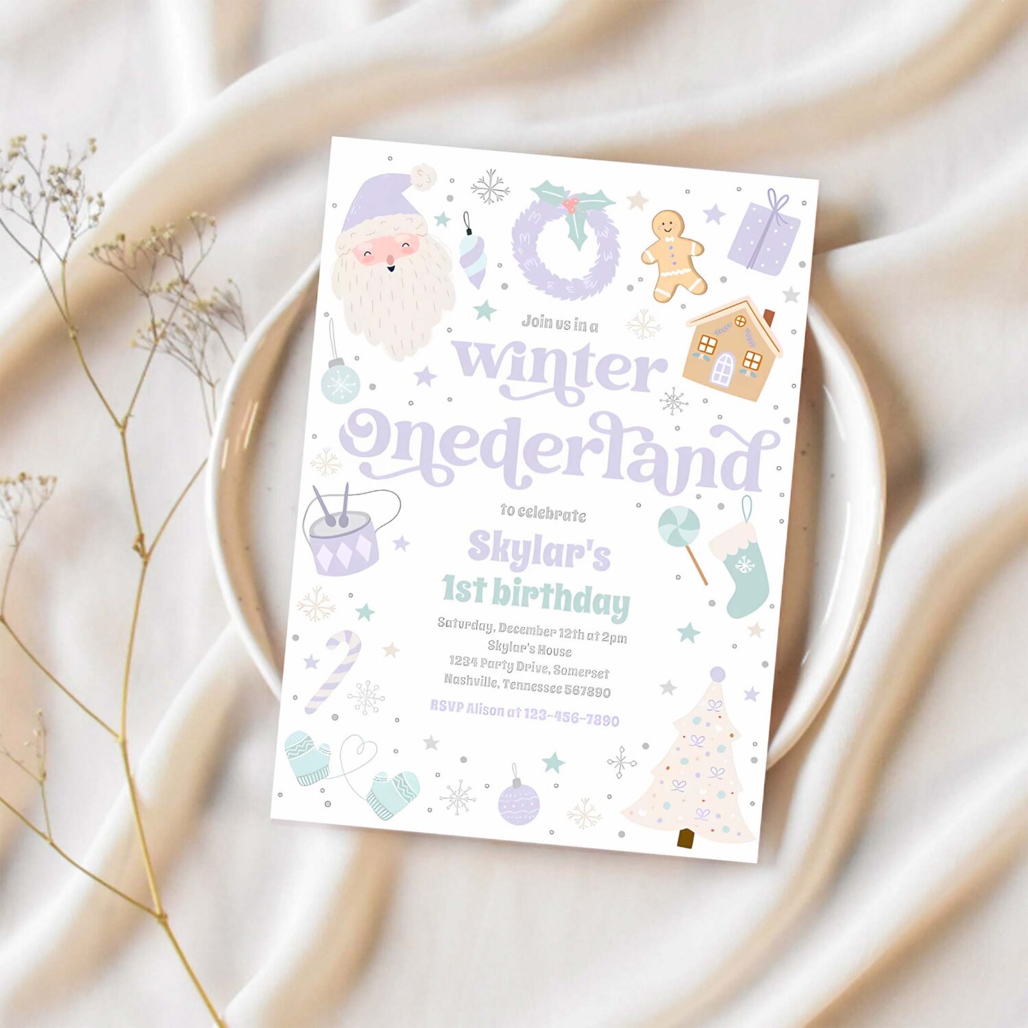 Winter onederland purple christmas birthday party invitation w47o 1