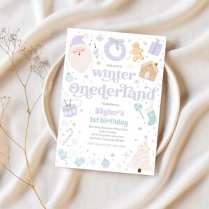 Winter onederland purple christmas birthday party invitation w47o 1