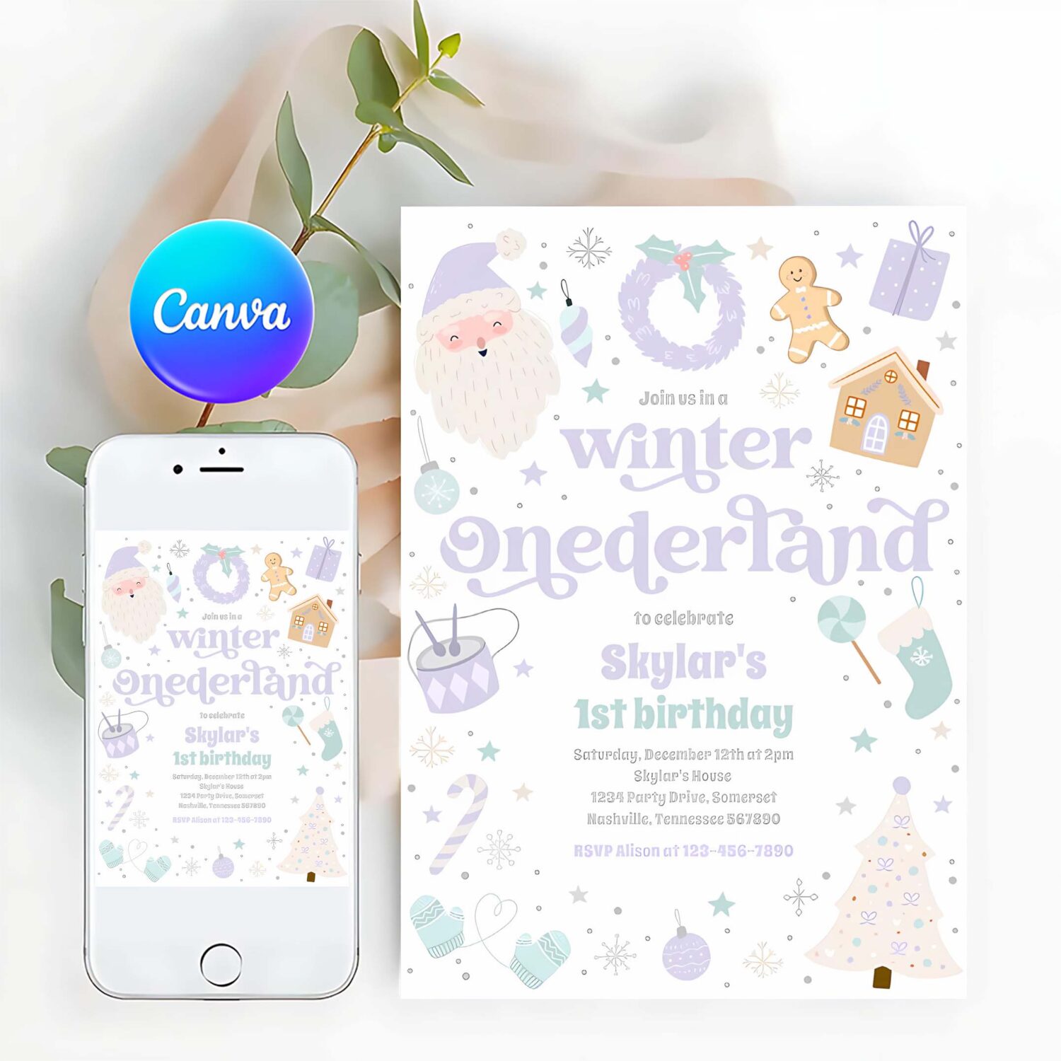 Winter onederland purple christmas birthday party invitation w47o