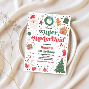 Winter onederland red christmas birthday party invitation o58e 1