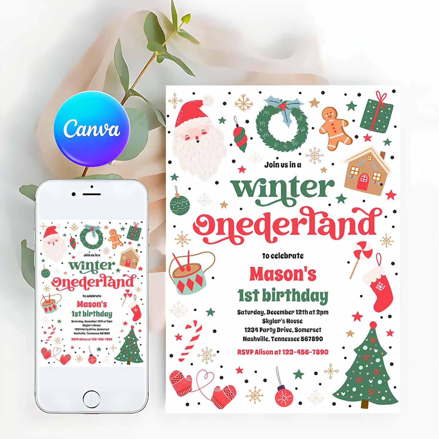 Winter onederland red christmas birthday party invitation o58e
