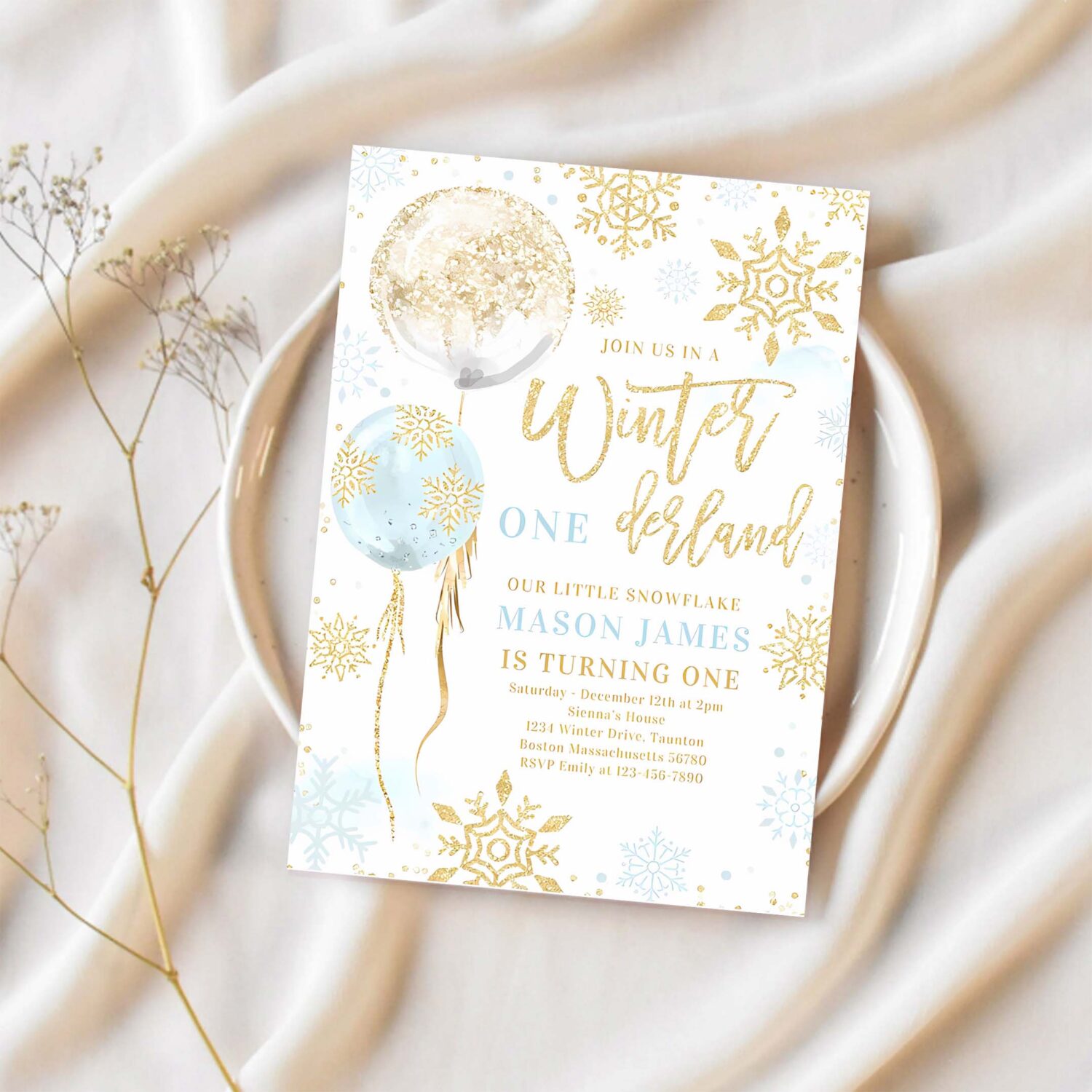 Winter onederland blue gold snowflake birthday invitation r47a 1