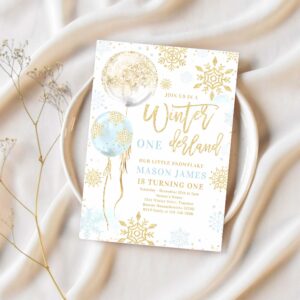 Winter onederland blue gold snowflake birthday invitation r47a 1