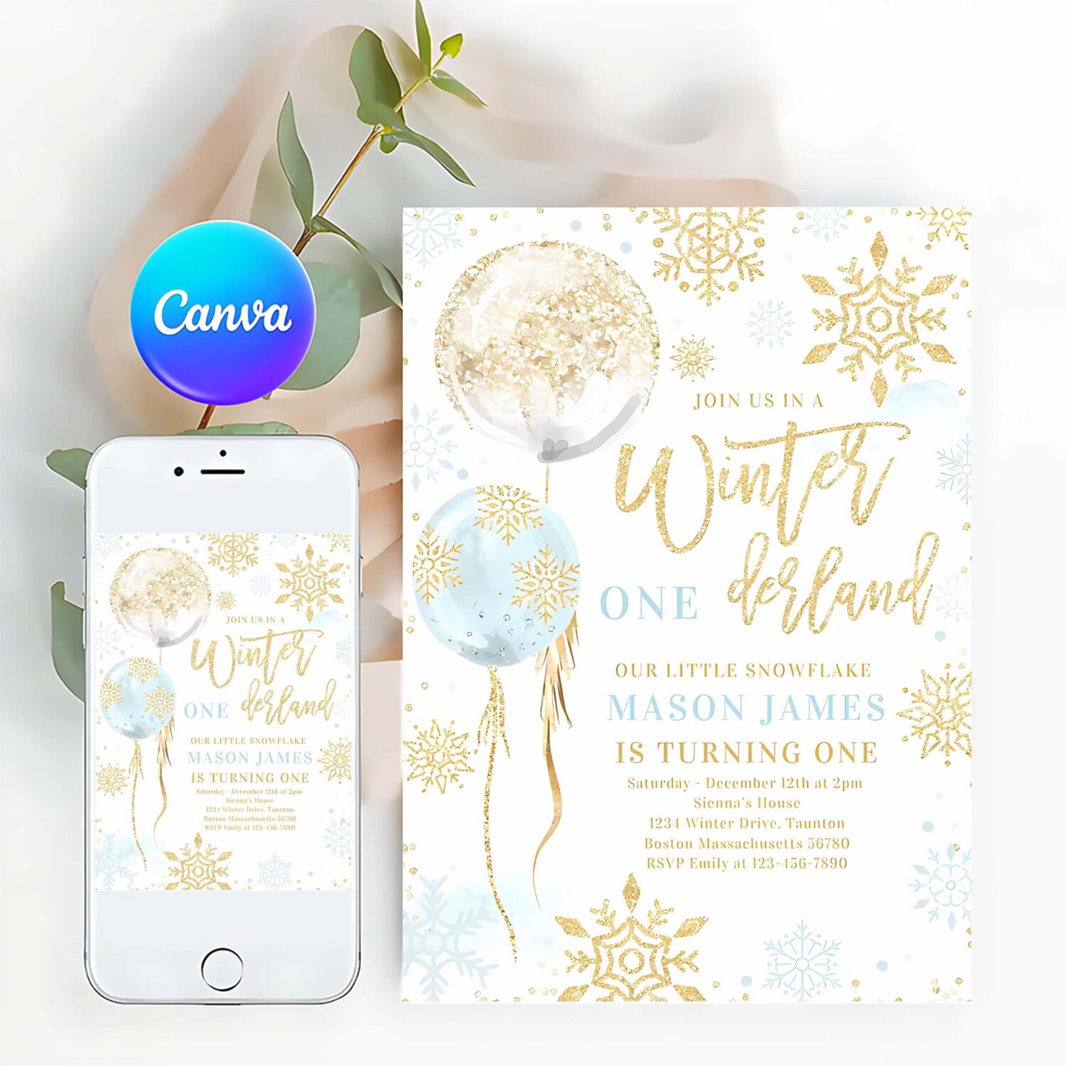 Winter onederland blue gold snowflake birthday invitation r47a