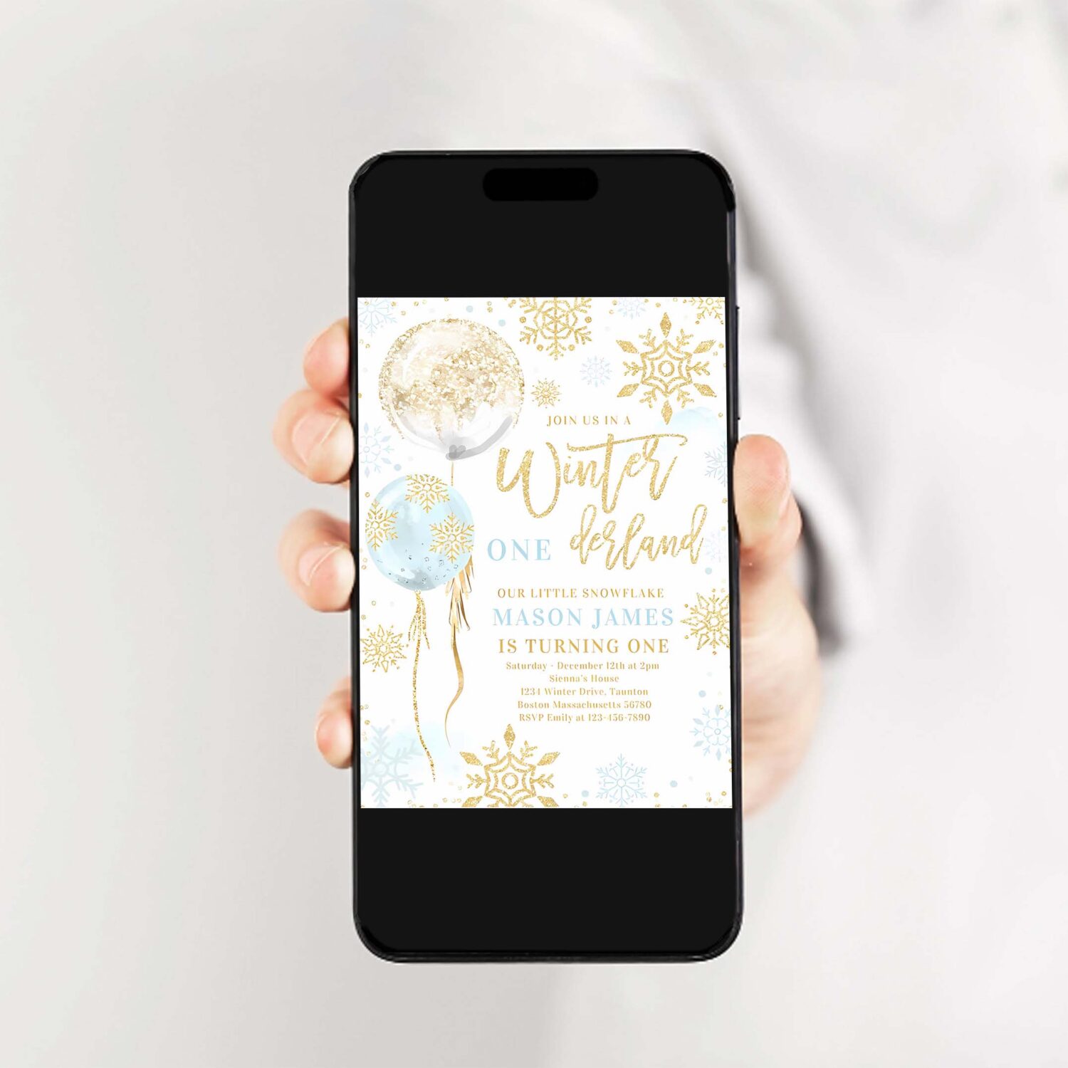 Winter onederland blue gold snowflake birthday invitation r47a 2