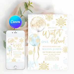Winter ONEderland Invitation, Winter Onederland Blue Gold Snowflake Birthday Invitation