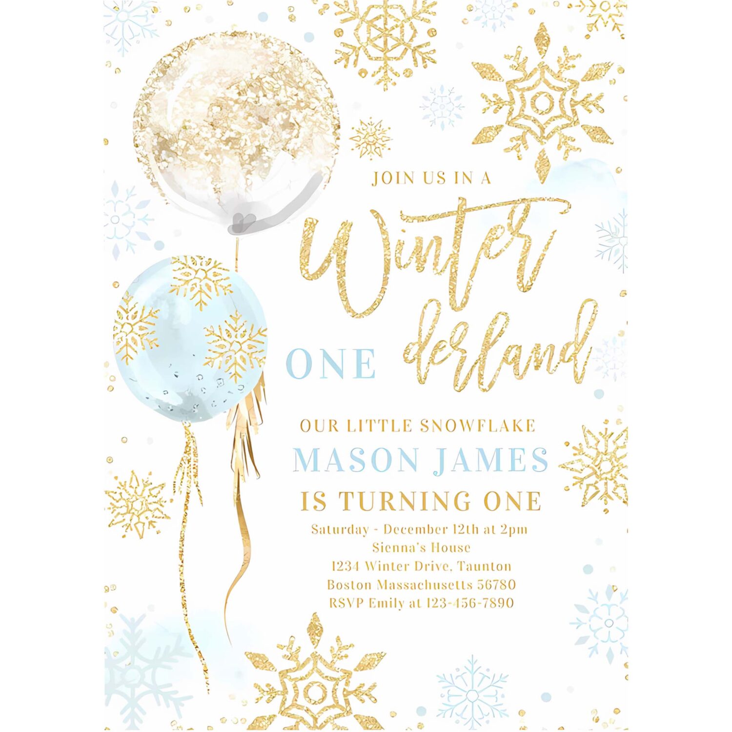 Winter onederland blue gold snowflake birthday invitation r47a 4