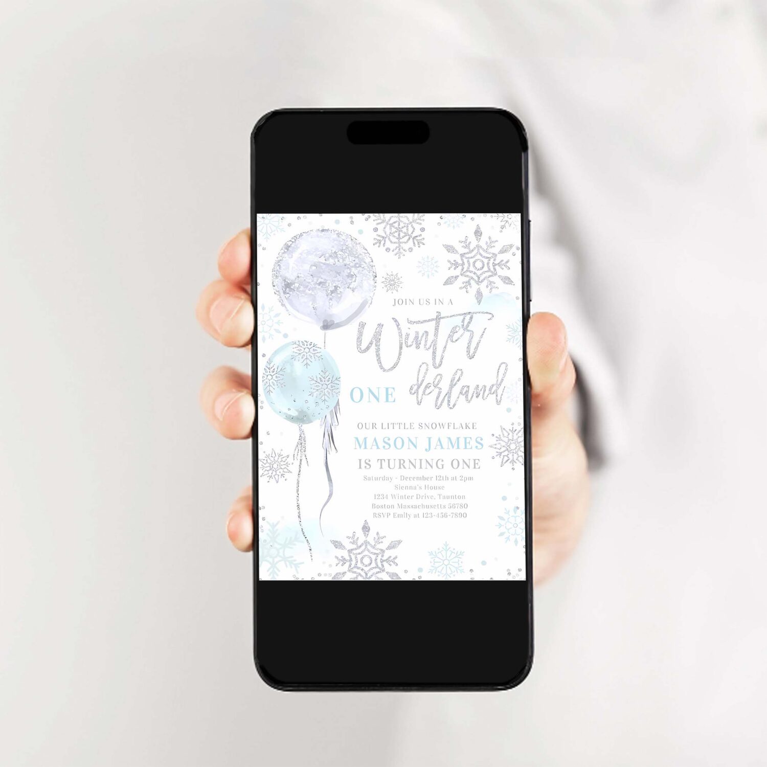 Winter onederland blue silver snowflake birthday invitation d71p 2