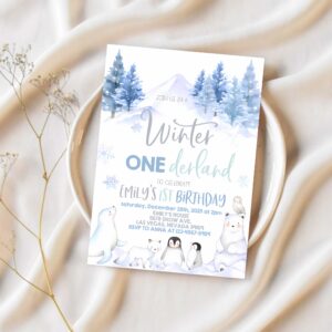 Winter onederland invitation wonderland first 1st birthday party invites boy girl polar bear arctic animals woodland forest 1