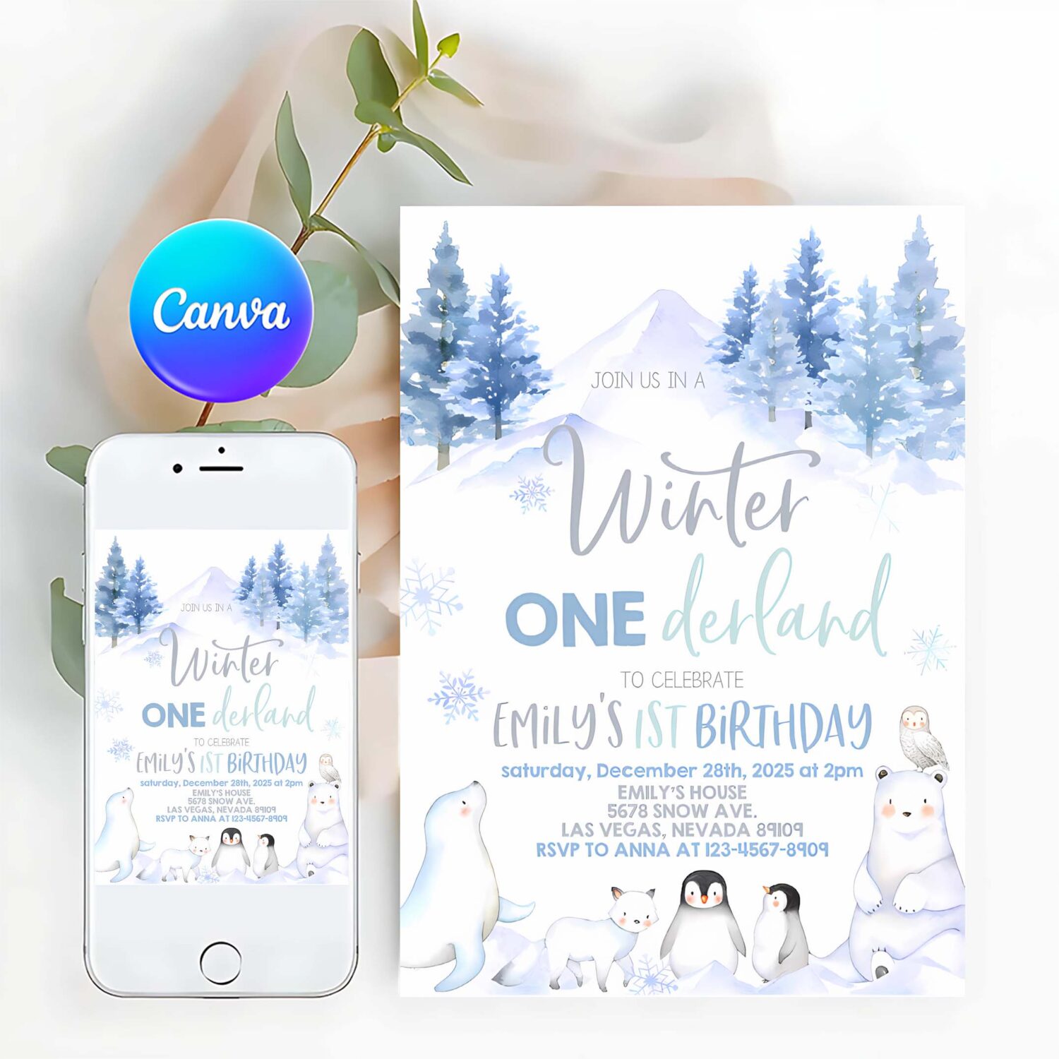 Winter onederland invitation wonderland first 1st birthday party invites boy girl polar bear arctic animals woodland forest