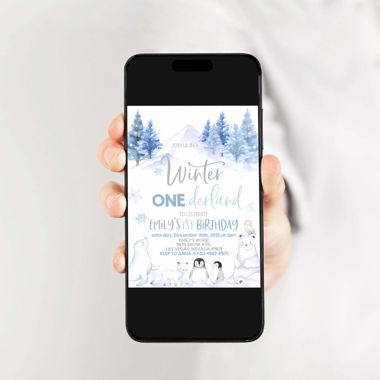 Winter onederland invitation wonderland first 1st birthday party invites boy girl polar bear arctic animals woodland forest 2