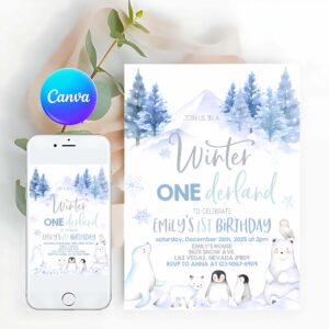 Woodland Invitation, Wonderland First 1st Birthday Party, Invites, Boy Girl Polar Bear Arctic Animals Woodland Forest Invitation