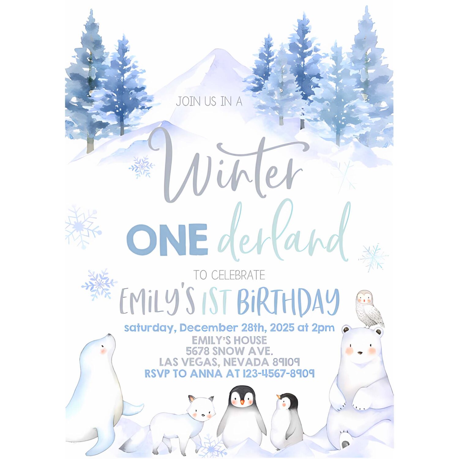 Winter onederland invitation wonderland first 1st birthday party invites boy girl polar bear arctic animals woodland forest 4