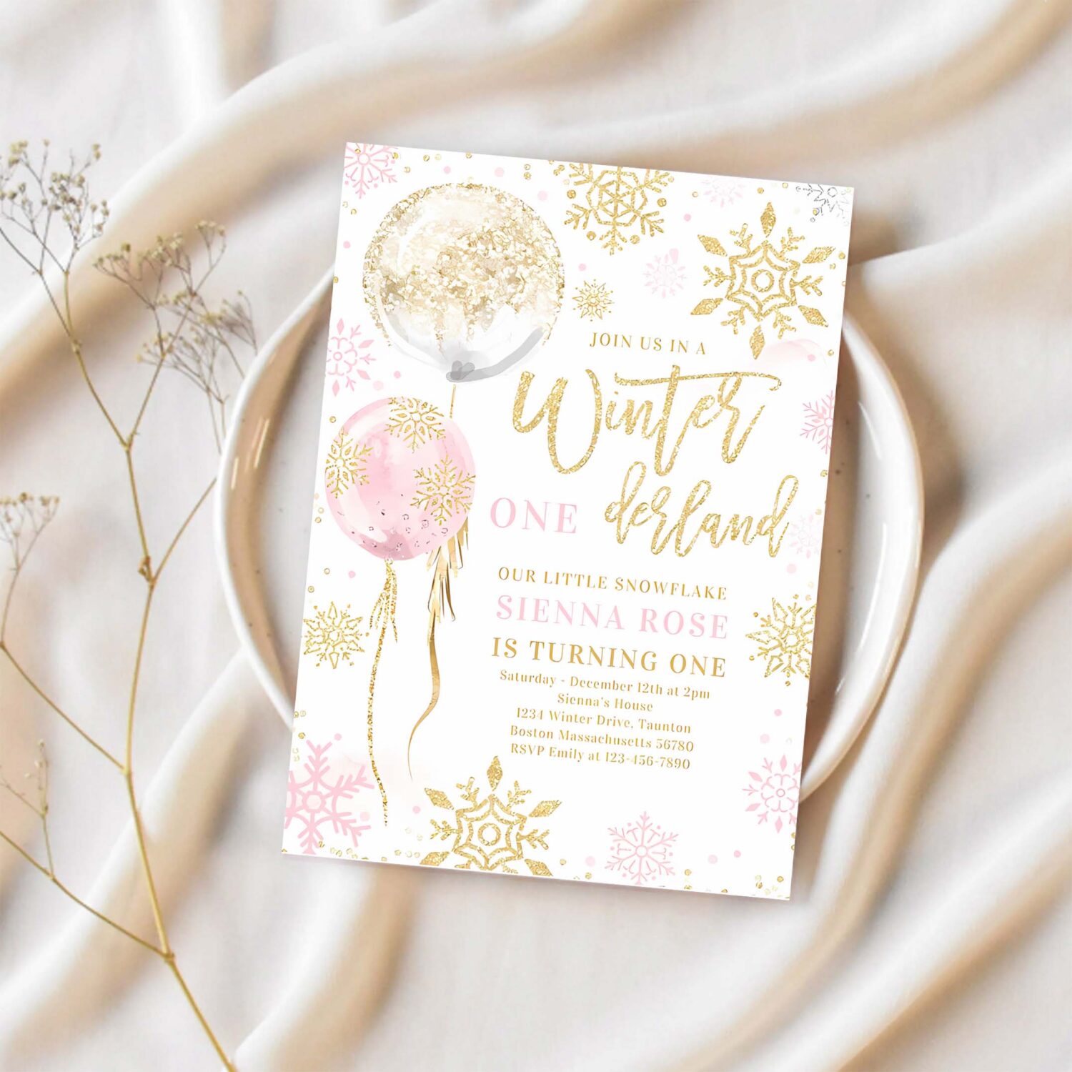 Winter onederland pink gold snowflake birthday invitation b66k 1