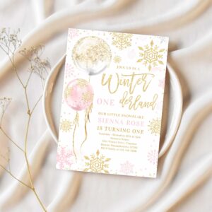 Winter onederland pink gold snowflake birthday invitation b66k 1