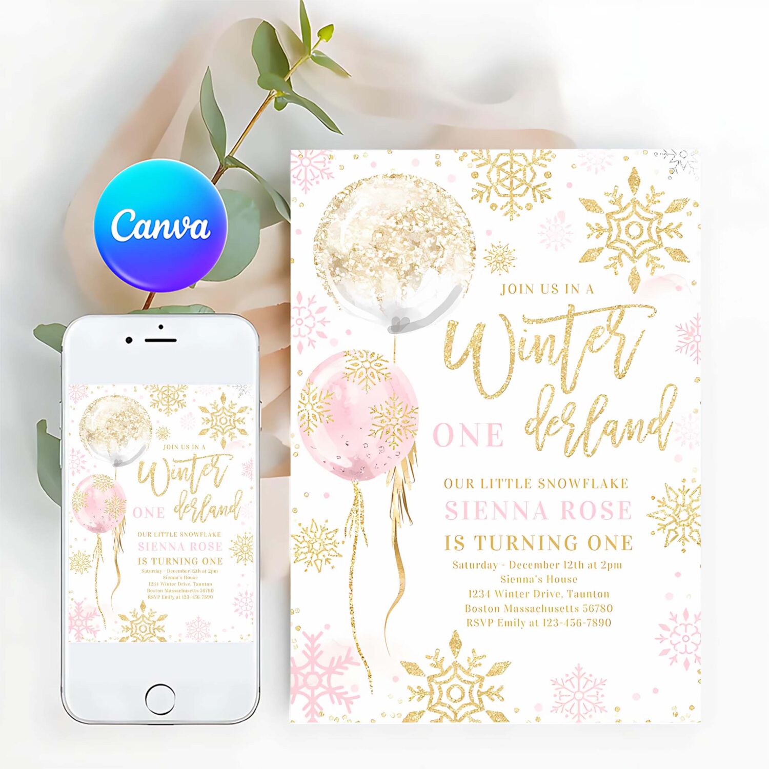 Winter onederland pink gold snowflake birthday invitation b66k