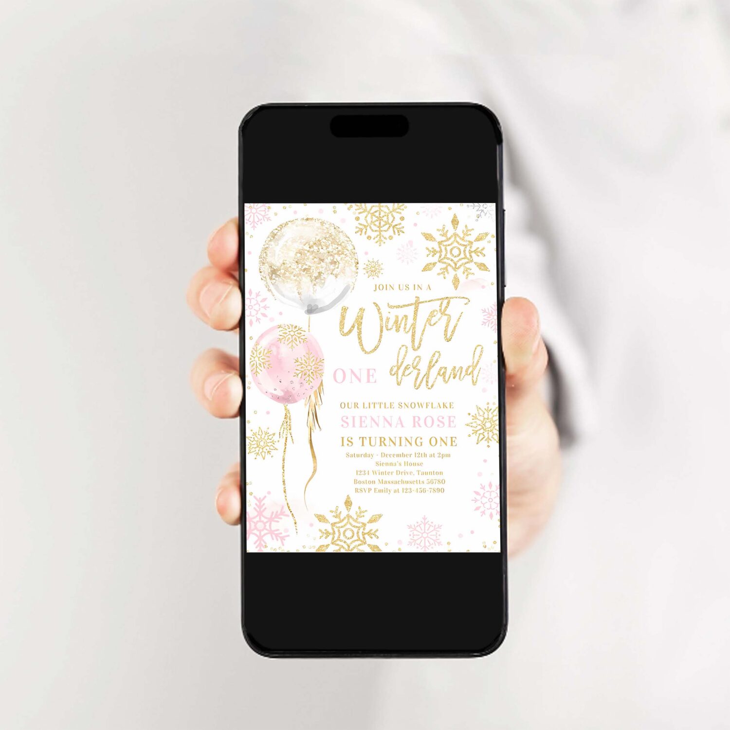 Winter onederland pink gold snowflake birthday invitation b66k 2