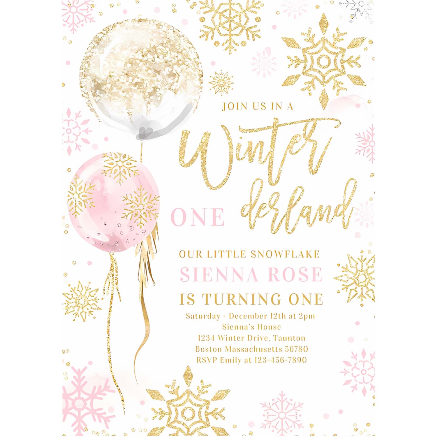 Winter onederland pink gold snowflake birthday invitation b66k 4