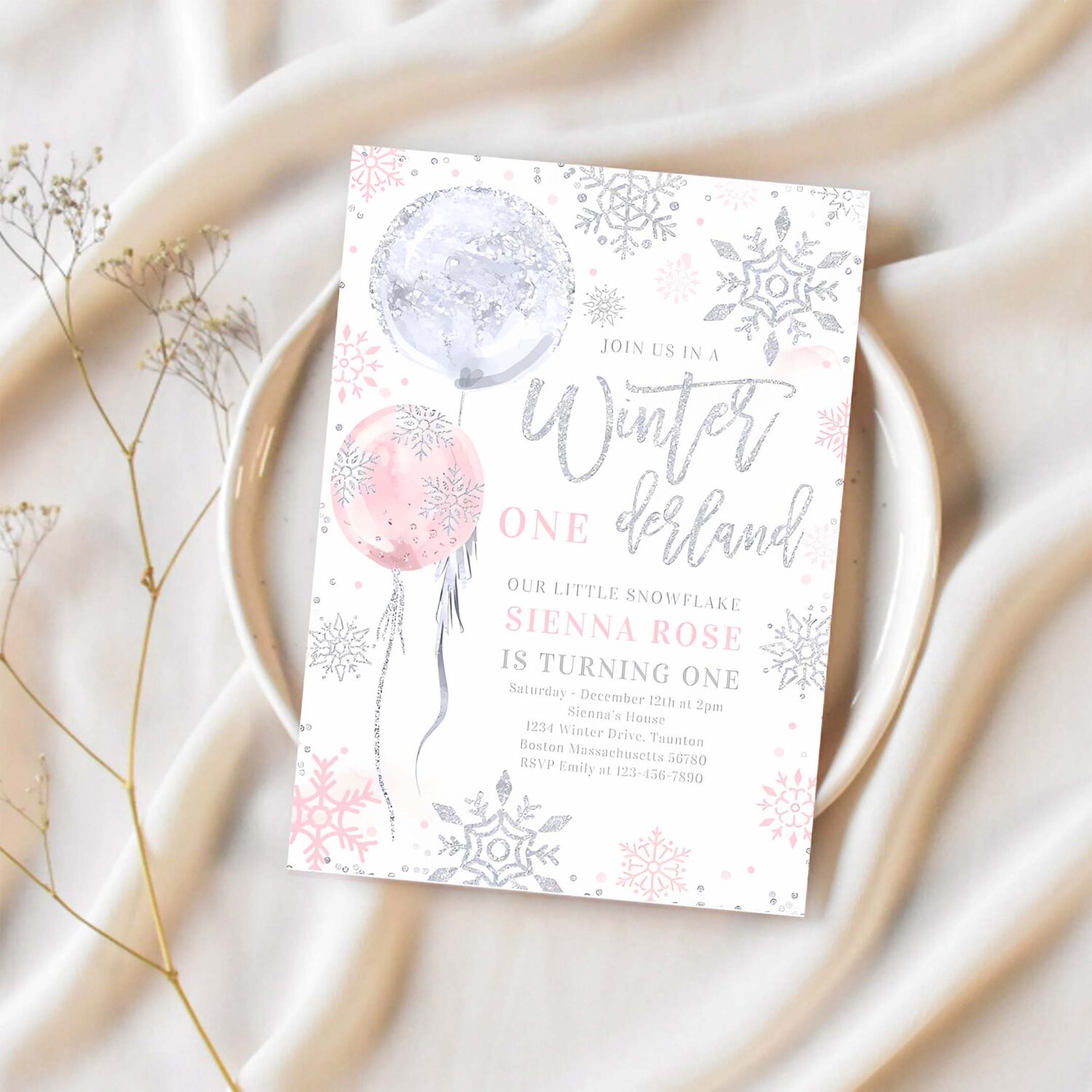 Winter onederland pink silver snowflake birthday invitation u94t 1