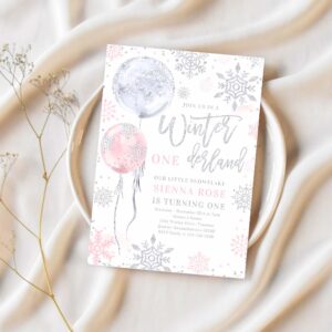 Winter onederland pink silver snowflake birthday invitation u94t 1