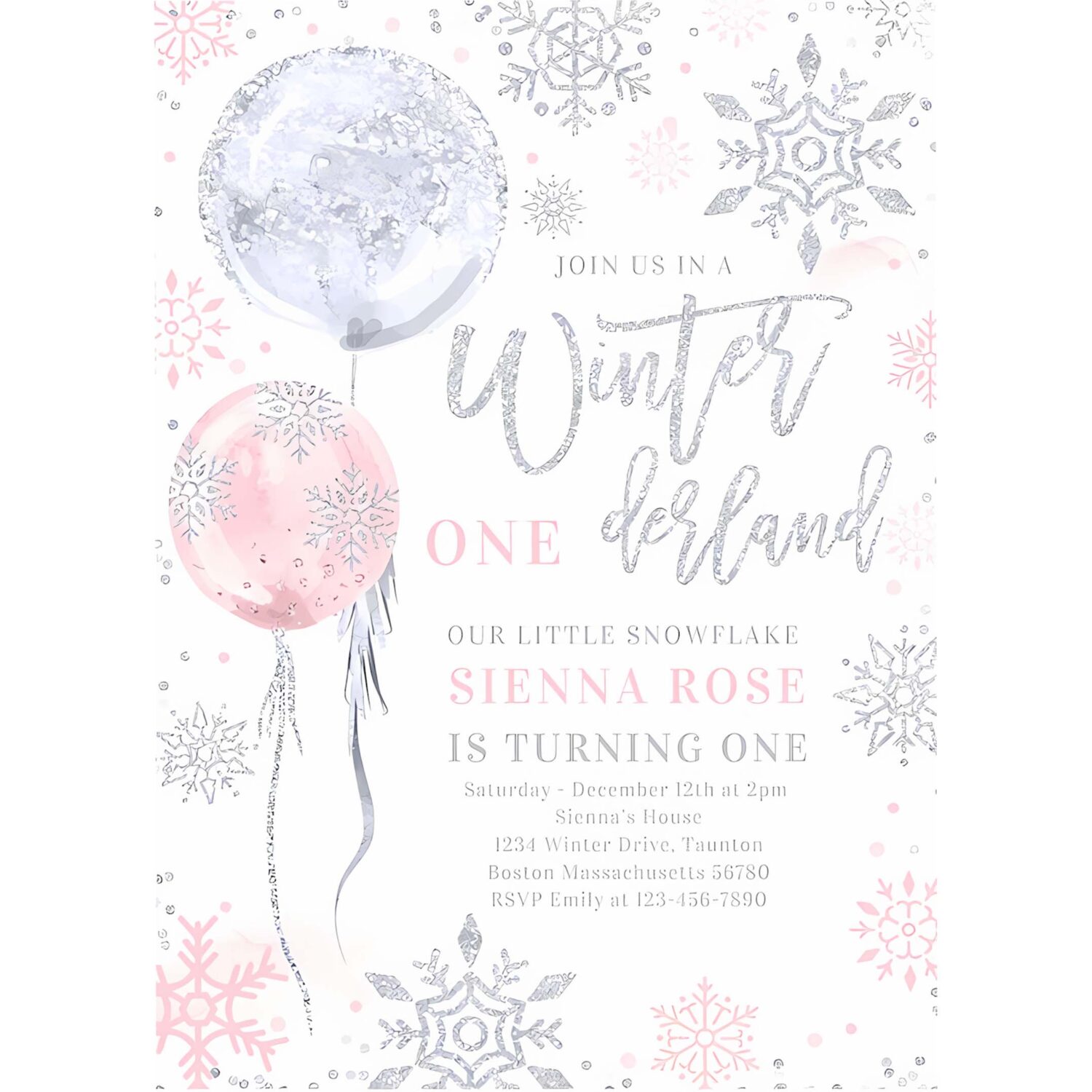 Winter onederland pink silver snowflake birthday invitation u94t 4