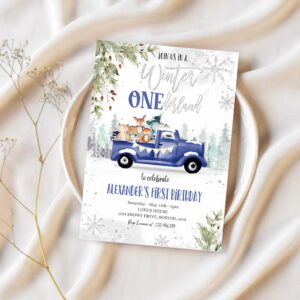 Winter onederland woodland winter first birthday invitation 1st blue truck boy silver christmas 1