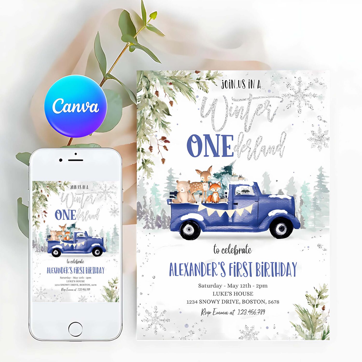 Winter onederland woodland winter first birthday invitation 1st blue truck boy silver christmas