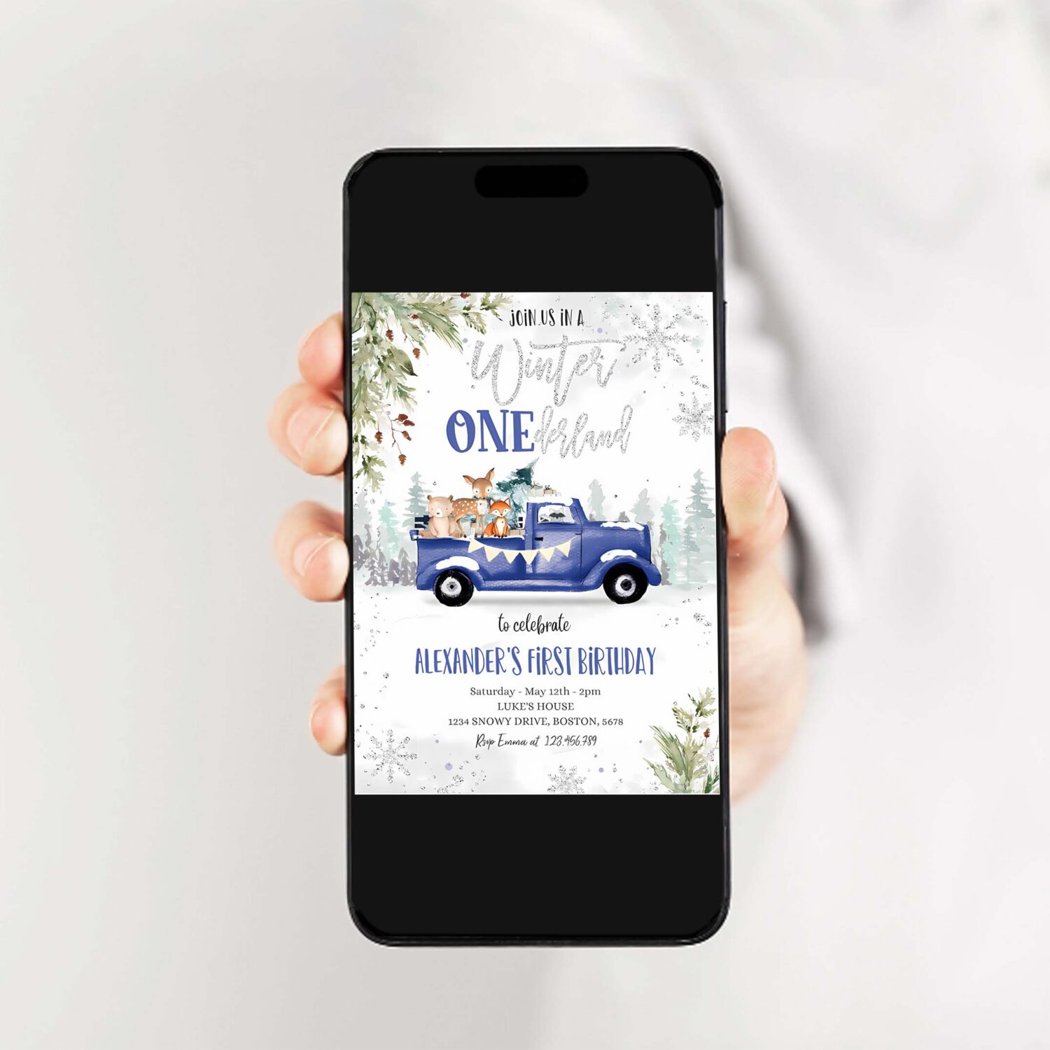 Winter onederland woodland winter first birthday invitation 1st blue truck boy silver christmas 2