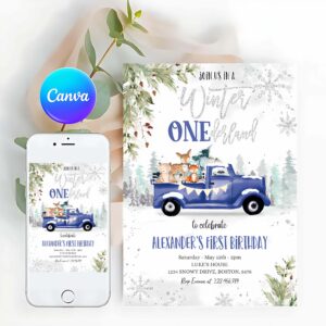 Winter Invitation, Winter Onederland Woodland Winter First Birthday Invitation 1st Blue Truck Boy Silver Christmas