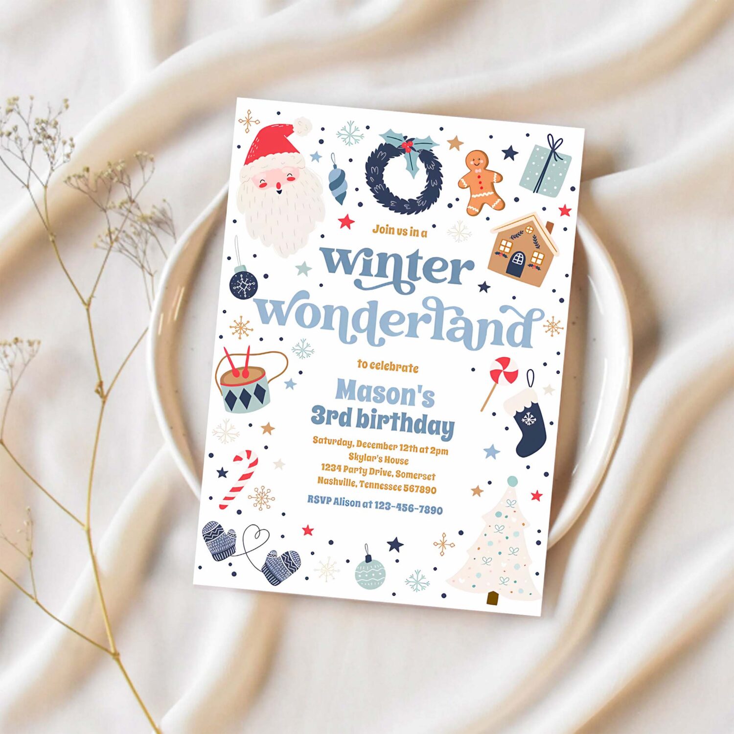 Winter wonderland blue christmas birthday party invitation g62i 1