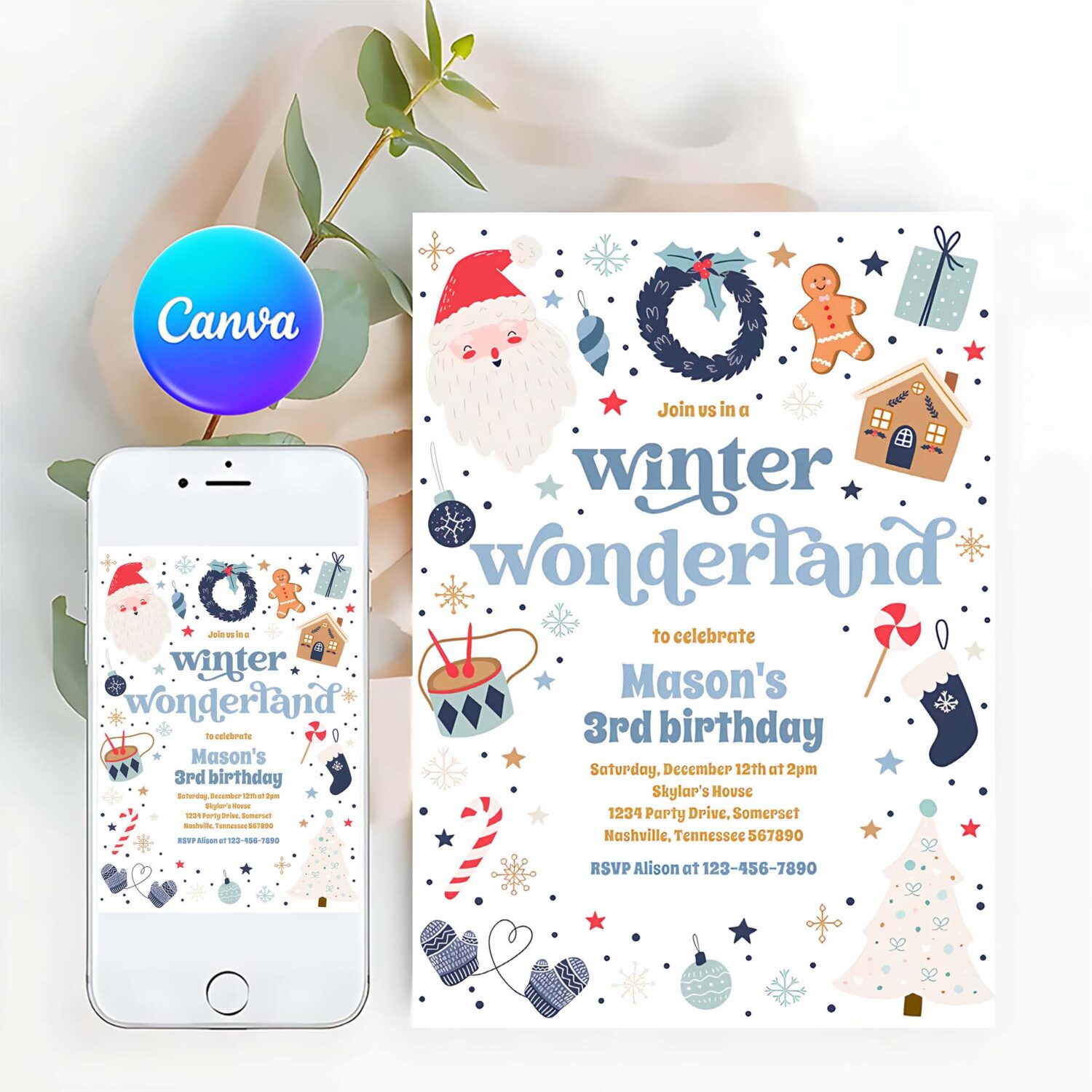 Winter wonderland blue christmas birthday party invitation g62i