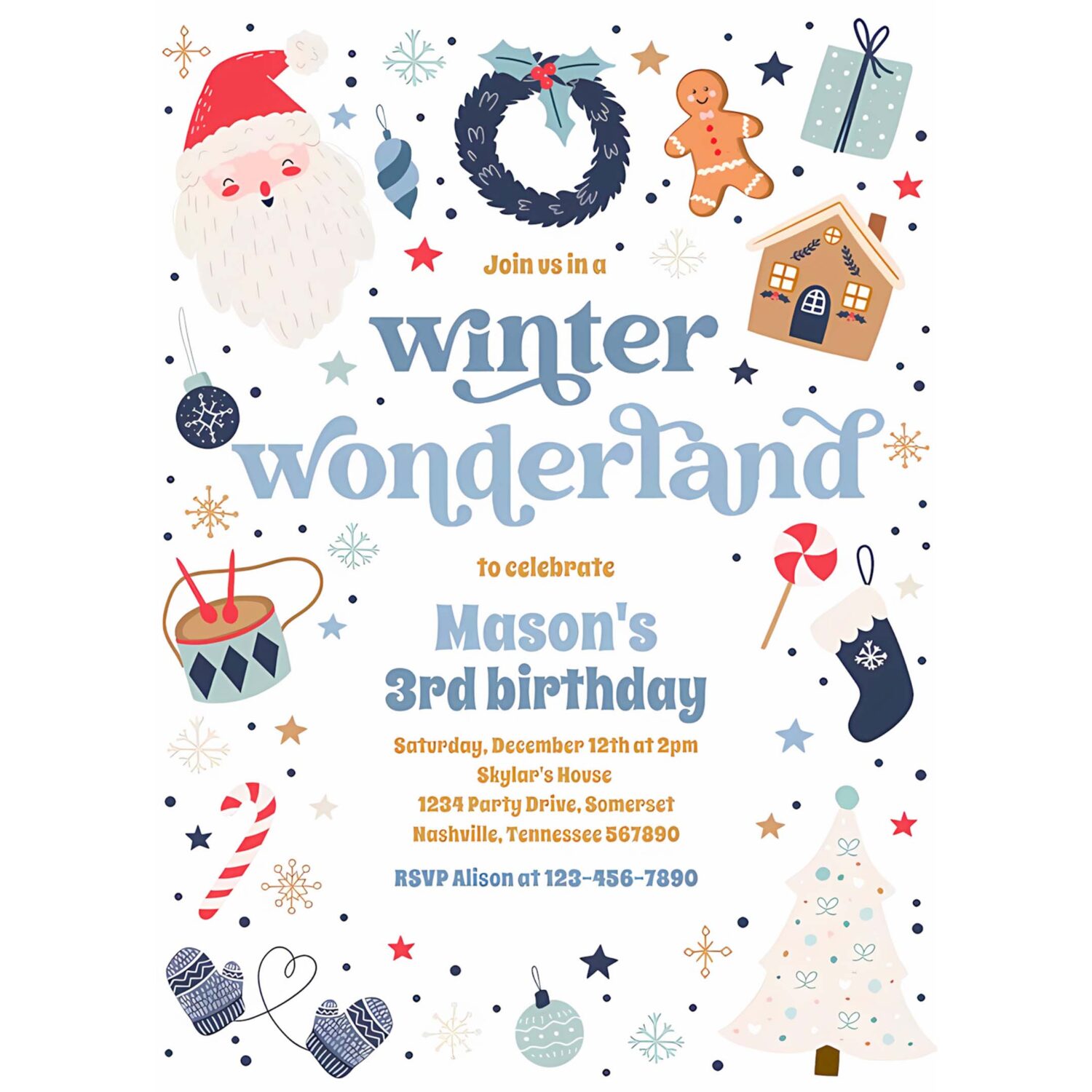 Winter wonderland blue christmas birthday party invitation g62i 4