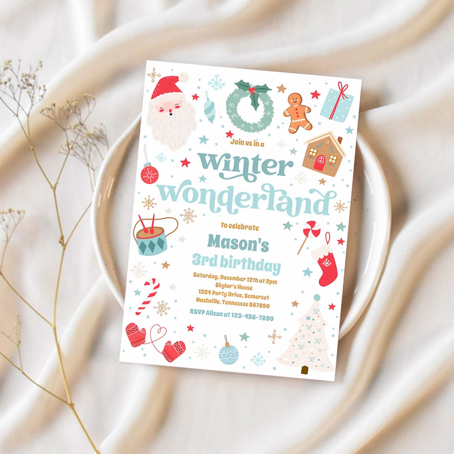 Winter wonderland blue christmas birthday party invitation j35c 1