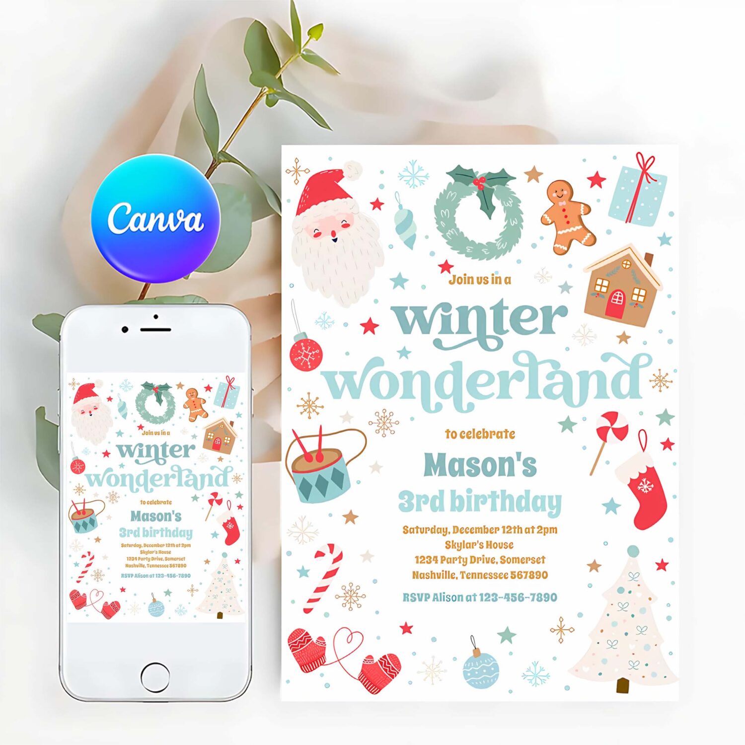 Winter wonderland blue christmas birthday party invitation j35c